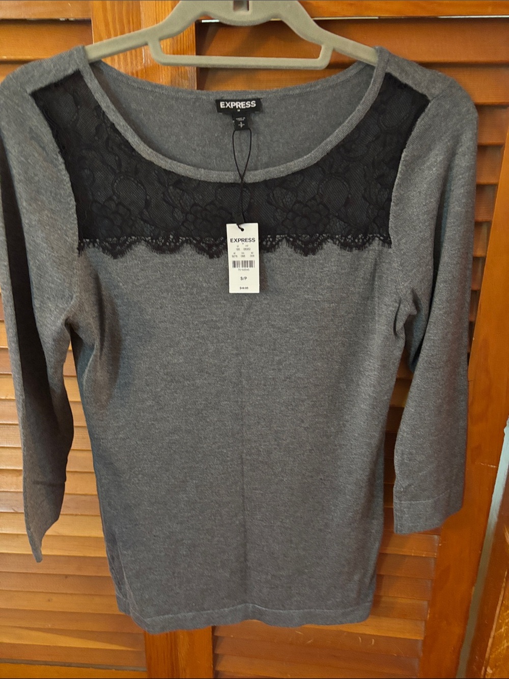 Express Gray Top with Black Lace Yoke